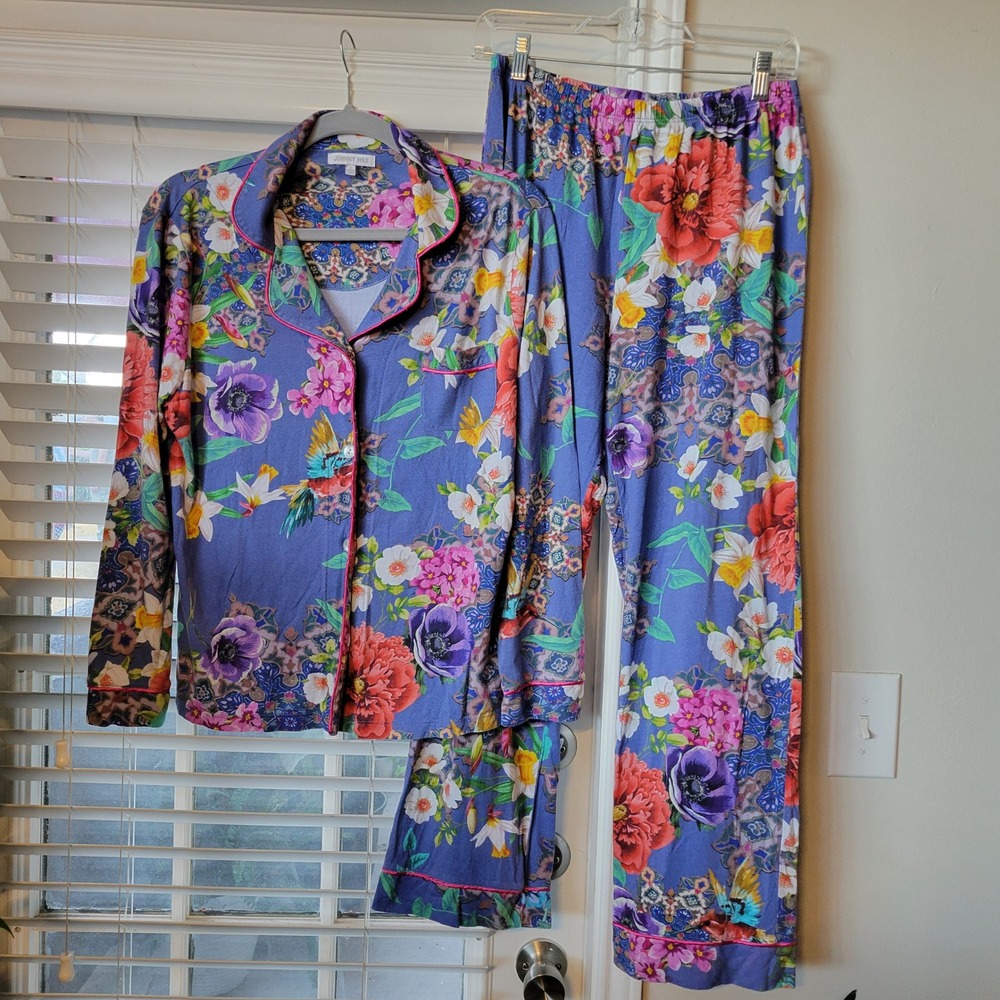 Johnny Was Floral Pajama 2PC Set Purple Long Sleeve Button Down/Pants Small Pima